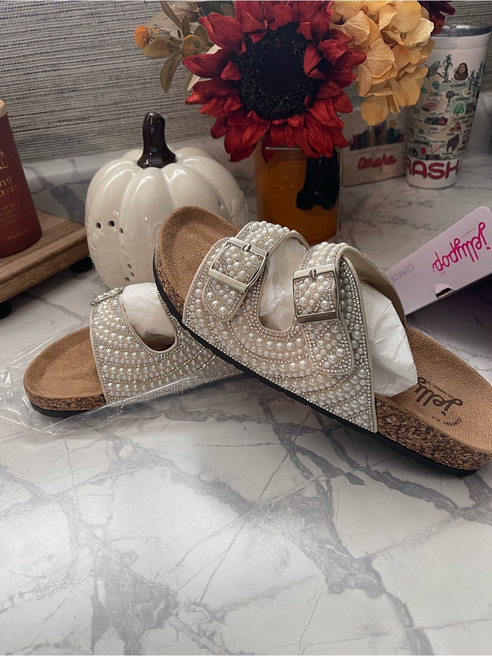 Jellypop White Pearl And Rhinestone Embellished Double Buckle Sandals NIB - Picture 2 of 9